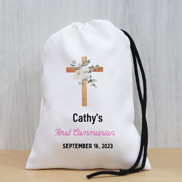 First Communion Bags - Personalized Communion Favors Bags - Christening Gift Bag - Baptism Candy Bags - Party Bags - Polyester Gift Bags