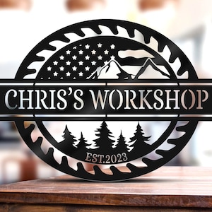 Custom American Flag Workshop Sign, Metal Shop Sign, Garage Gift Mechanic, Sign for Sawblade, Amercian Flag Sign, Toolshed Decor