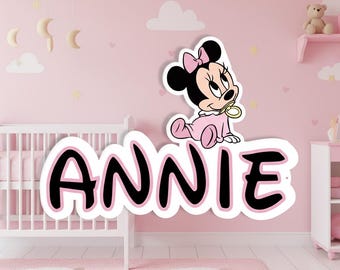 Targa in metallo personalizzata con nome per cameretta di Minnie, decorazione da parete Disney Minnie per bambine, regali di Natale, regalo di compleanno in metallo di Topolino e Minnie.