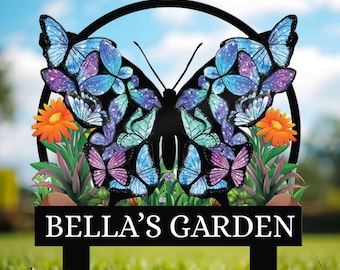 Personalized Butterfly Garden Metal Sign With Stakes, Custom Garden Flower Sign,  Housewarming Gift, Garden Name Sign, Mothers day gifts