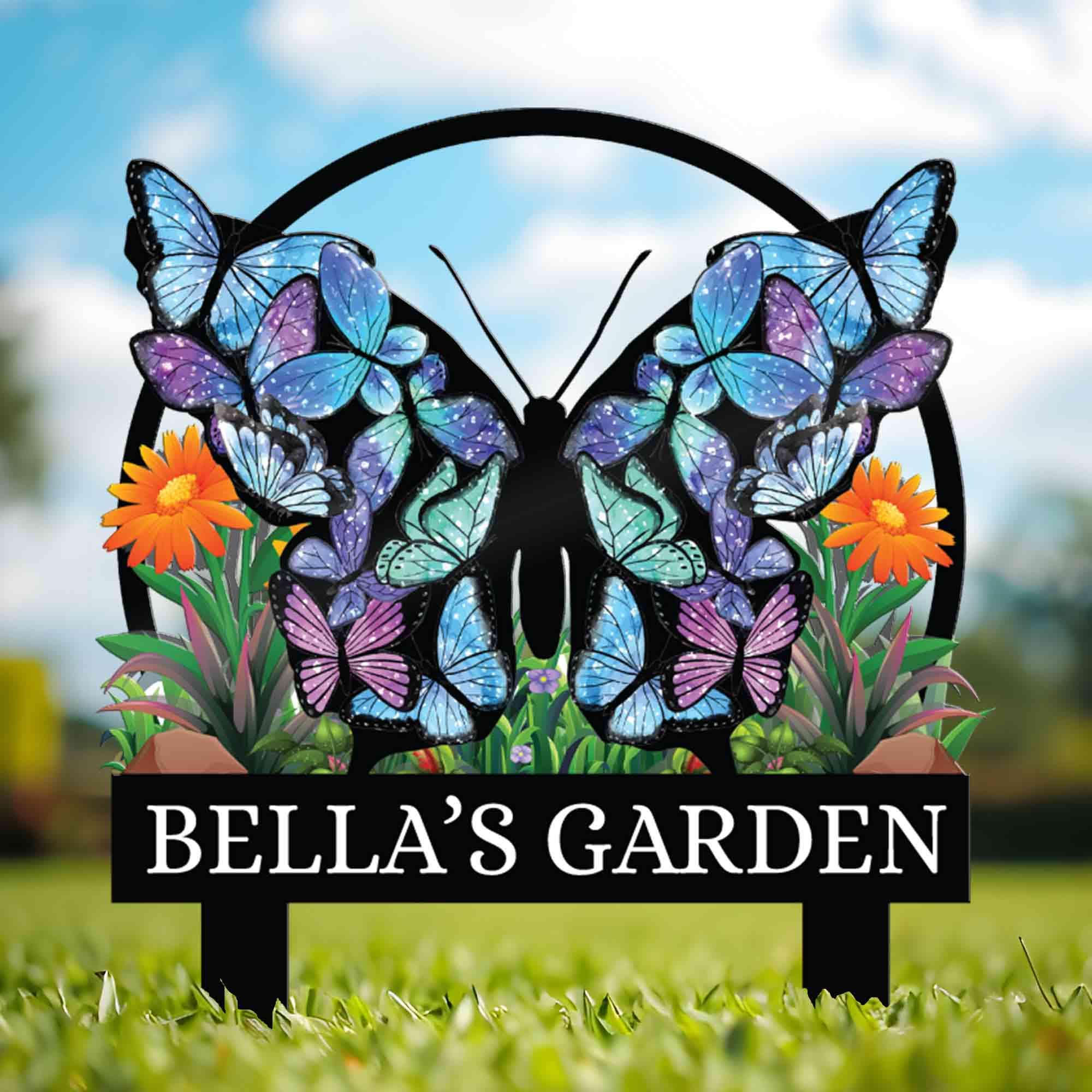 Personalized Butterfly Garden Metal Sign With Stakes, Custom Garden Flower Sign,  Housewarming Gift, Garden Name Sign, Mothers day gifts