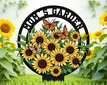Cartello in metallo personalizzato per giardino con girasoli e paletti, cartello personalizzato con nome per il giardino, cartello con fiori da giardino, regalo per l'inaugurazione della casa, regalo per la festa della mamma