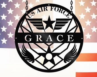 Targa da parete in metallo personalizzata dell'aeronautica militare statunitense (USAF), decorazione militare personalizzata, regalo per veterani, emblema rotondo dell'aeronautica statunitense, targa in metallo patriottica per la "tana dell'uomo".