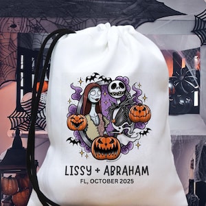 May include: White drawstring bag featuring a Halloween-themed design with Jack Skellington and Sally, surrounded by pumpkins and bats. The text "Lissy + Abraham, FL, October 2025" is printed below the graphic. The bag has a black drawstring.