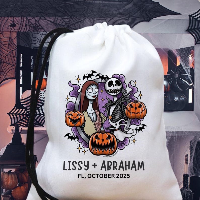 May include: White drawstring bag featuring a Halloween-themed design with Jack Skellington and Sally, surrounded by pumpkins and bats. The text "Lissy + Abraham, FL, October 2025" is printed below the graphic. The bag has a black drawstring.