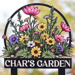 May include: A metal garden sign with a black frame and a colorful floral design. The sign reads "CHAR'S GARDEN".