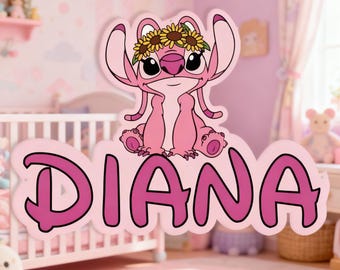 Targa in metallo con nome personalizzato per cameretta dei bambini con angelo e Lilo, decorazione murale blu aliena personalizzata per cameretta o cameretta dei bambini, regalo di compleanno personalizzato con Lilo e Stitch.