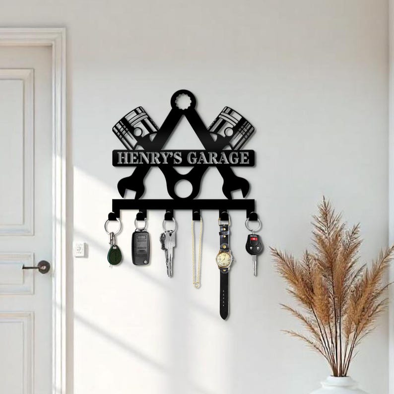 Personalized Dad Garage Key Hook Rack Metal Sign - Dad's Garage Name ...