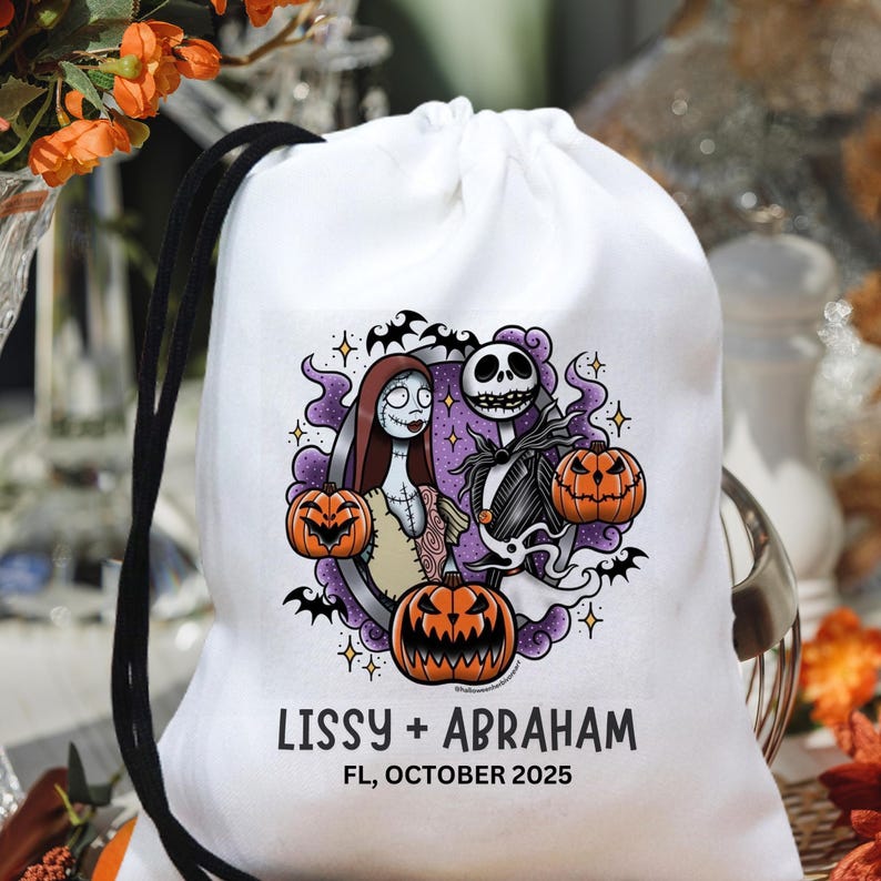 May include: White drawstring bag featuring a colorful illustration of Jack Skellington and Sally from The Nightmare Before Christmas, with orange pumpkins and the text "Lissy + Abraham, FL, October 2025". The bag has a black drawstring.