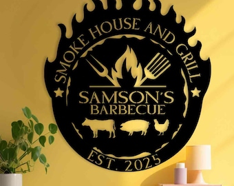 Arte de parede de metal personalizada para churrasco, decoração de parede personalizada para churrasqueira defumadora, placa de metal personalizada para churrasco, placa de metal para churrasqueira defumadora ao ar livre