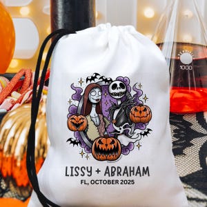 May include: White drawstring bag featuring a Halloween-themed graphic with Jack Skellington, Sally, and pumpkins. The design includes the names "Lissy + Abraham" and the date "FL, October 2025". The bag has a black drawstring.