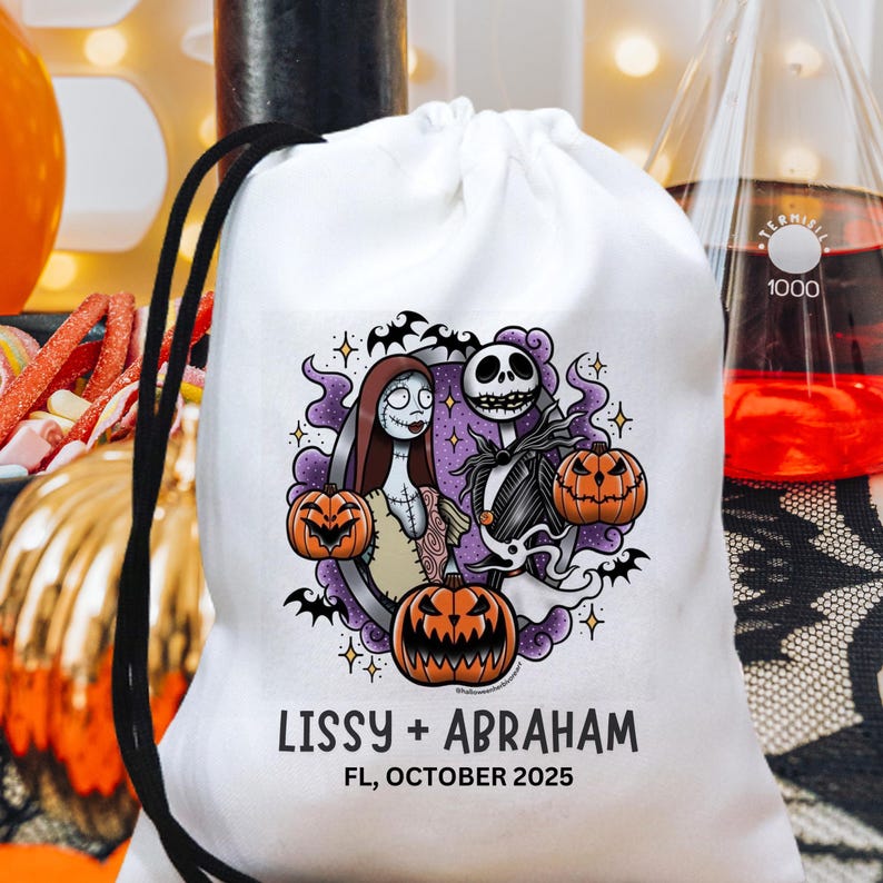 May include: White drawstring bag featuring a Halloween-themed graphic with Jack Skellington, Sally, and pumpkins. The design includes the names "Lissy + Abraham" and the date "FL, October 2025". The bag has a black drawstring.