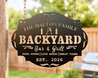 Cartello in metallo personalizzato per barbecue in giardino, cartello personalizzato con nome di famiglia per il bar, decorazione per feste in famiglia all'aperto, cartello regalo per papà del bar EST, cartello per barbecue Smokehouse.