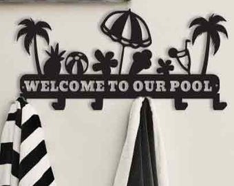 Personalized Palm Tree Towel Rack Hanger with Hooks, Powder Coated with Matching Screws, Pool Towel Rack,Tropical Decor Beach Theme Key Rack