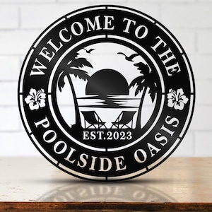 Custom Poolside Oasis Metal Sign, Personalized Tropical Patio or Pool Sign, Custom Tropical Sign, Poolside Bar Grill Metal Sign, Tiki Bar