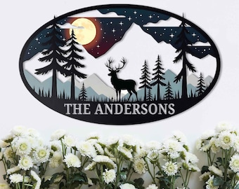 Personalisiertes Oval Deer Metallkabinenschild, Hirschjägergeschenk, Benutzerdefiniertes Familiennameschild, Nachname-Hirschmonogramm-Kabinendekor, Jagd im Freien