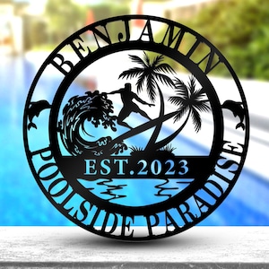 Personalized Tropical Patio or Pool Sign, Custom Poolside Oasis Metal Sign, Custom Tropical Sign, Poolside Bar Grill Metal Sign