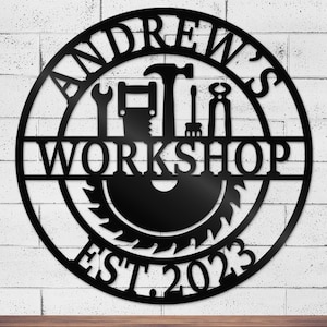 Personalized Work Shop Metal Sign, Custom Hammer Tools Shop Name Sign, Home Decor Mechanic Tools Decoration, Repairman Metal Sign