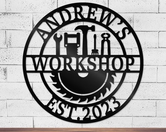 Personalized Work Shop Metal Sign, Custom Hammer Tools Shop Name Sign, Home Decor Mechanic Tools Decoration, Repairman Metal Sign