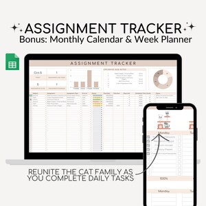 May include: A digital assignment tracker with a beige background and a cat-themed weekly planner. The assignment tracker has a calendar, a list of upcoming due dates, and a progress chart. The weekly planner has a checklist for each day of the week and a cute illustration of a cat family.