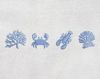 Diseño de bordado de concha náutica: cangrejo, langosta y coral (descarga instantánea)