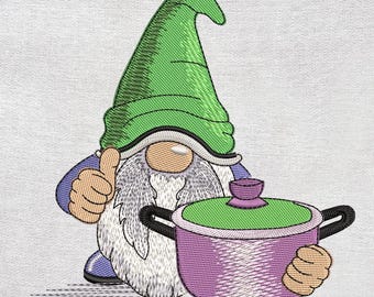 Kookpot kabouter borduurwerk ontwerpen, chef keuken koken kabouter borduurwerk ontwerp, theedoek borduurbestand