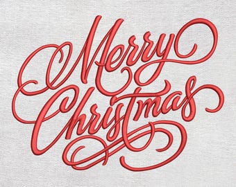 May include: Red cursive text that reads "Merry Christmas" on a white background. The text is in a decorative, flowing script, with the letters connected. The image has a festive, holiday theme.