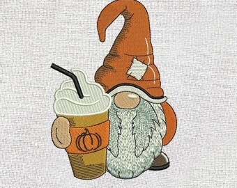 Coffee Gnome Embroidery Design: Pumpkin Spice (Digital Download)