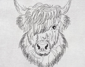 Diseño de bordado de vaca de las Tierras Altas de Escocia, diseño de bordado de arte lineal, diseño minimalista de bordado a máquina