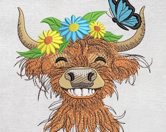 Diseño de bordado floral de vaca de las tierras altas, diseño de bordado de animal de granja con sonrisa linda, descarga instantánea