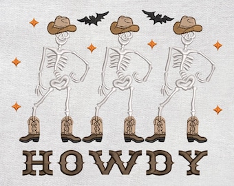 Halloween Howdy Embroidery Design. Halloween Dancing Skeleton Western Embroidery, Halloween Cowboy Machine Embroidery, Halloween Cow Tee,