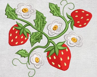 Diseño de bordado de fresas, diseño de bordado de fresas florales de verano, descarga instantánea