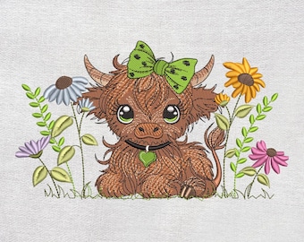 Diseño de bordado de vaca bebé de las Tierras Altas con flores de primavera. Bonito diseño de bordado de animales de granja. Descarga instantánea.