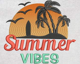 Summer Vibes Embroidery Design, Beach Palm Retro Embroidery Design, Instant Download
