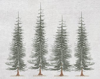 May include: An embroidered design featuring four stylized evergreen trees. The trees are depicted in shades of green with brown trunks, set against a textured white background. The design evokes a sense of nature and the outdoors.