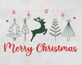 May include: White fabric with a red "Merry Christmas" script. The design includes green Christmas trees, a reindeer, red stars, and dots. A festive holiday design.