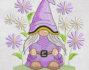 Diseño de bordado de gnomo con flores. Diseños de bordado de gnomos primaverales y festivos.