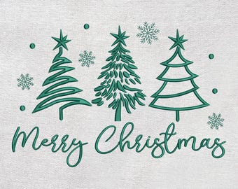 May include: Embroidered design featuring three green Christmas trees, snowflakes, and the words "Merry Christmas" on a white background. The trees have star toppers and varying designs. Festive holiday decor.