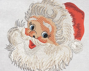 Könnte beinhalten: Gesticktes Santa Claus-Gesicht mit roter Mütze, weißem Bart und rosigen Wangen. Das Design weist detaillierte Stickereien und einen fröhlichen Ausdruck auf, ideal für Weihnachtsdekorationen.