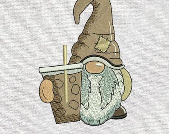 Ice Coffee Gnome Embroidery Design: Coffee Lover (Digital Download)