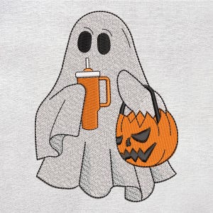 Cool Ghost with Tumbler Embroidery Design. Halloween Ghost Embroidery Design, Boo Embroidery, Machine Embroidery Files,