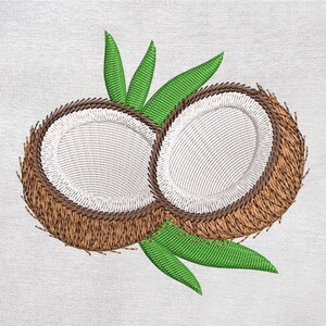 May include: Embroidered design of two coconut halves with white interiors and brown, textured exteriors. Green leaves are positioned between and around the coconuts, creating a tropical theme. The design is on a white, textured background.