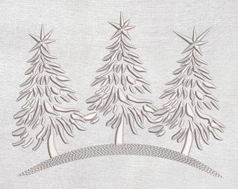 May include: Embroidered design featuring three stylized Christmas trees with star toppers. The trees are light gray and stand on a textured, curved base. The background is a light, textured fabric, creating a winter holiday theme.