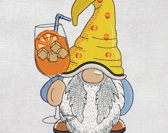 Diseño de bordado de gnomo de cóctel de verano, diseños de bordado de gnomo de verano de Aperol, diseños de bordado navideños