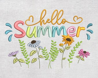 Diseño de bordado "Hola Verano". Diseño floral, descarga instantánea.