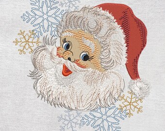 Diseño de bordado de Papá Noel con copos de nieve, bordado vintage de Papá Noel, bordado de Feliz Navidad, Papá Noel, bordado a máquina de Navidad