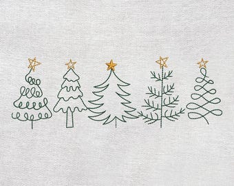 May include: White fabric with five embroidered Christmas trees in a row. Each tree has a different design, with green thread and a gold star on top. The trees are simple line drawings, creating a festive holiday theme.