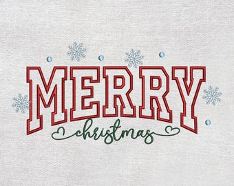 May include: White fabric with the embroidered words "MERRY christmas" in red and green. The word "MERRY" is in a bold, block letter style, with a red outline. The word "christmas" is in a cursive font. Blue snowflakes and dots are scattered around the text.