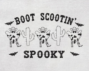 Boot Scootin Embroidery Design. Halloween Dancing Ghost Western Embroidery, Halloween Cowboy Machine Embroidery, Halloween Cow Tee, Spooky