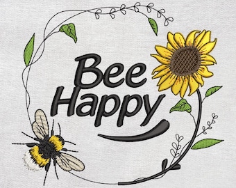 Diseño de bordado Bee Happy, archivo de bordado a máquina, descarga instantánea